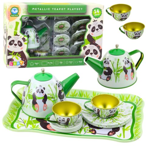 LEAN Toys Zestaw Do Herbaty Metalowy Dzbanek Filiżanka Talerzyki Panda Zielony 14el