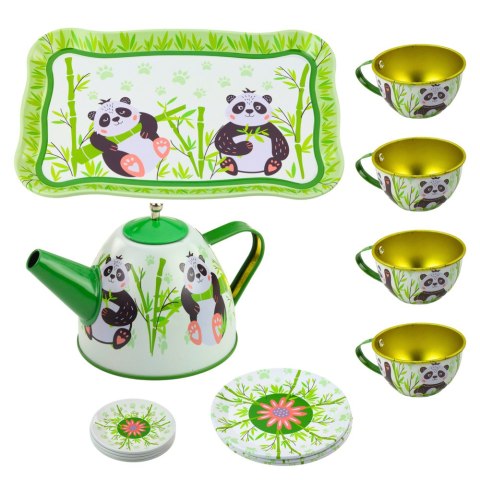 LEAN Toys Zestaw Do Herbaty Metalowy Dzbanek Filiżanka Talerzyki Panda Zielony 14el