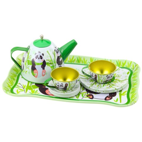 LEAN Toys Zestaw Do Herbaty Metalowy Dzbanek Filiżanka Talerzyki Panda Zielony 14el