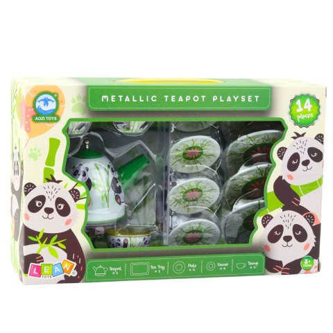 LEAN Toys Zestaw Do Herbaty Metalowy Dzbanek Filiżanka Talerzyki Panda Zielony 14el