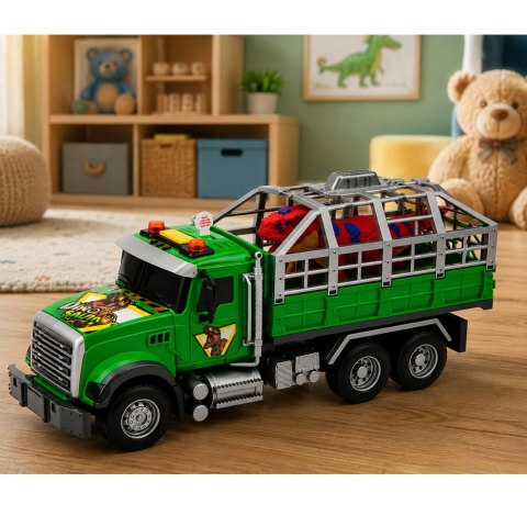 LEAN Toys Ciężarówka Transporter Z Klatką Figurka Dinozaur T-Rex Światła Dźwięki 1:12