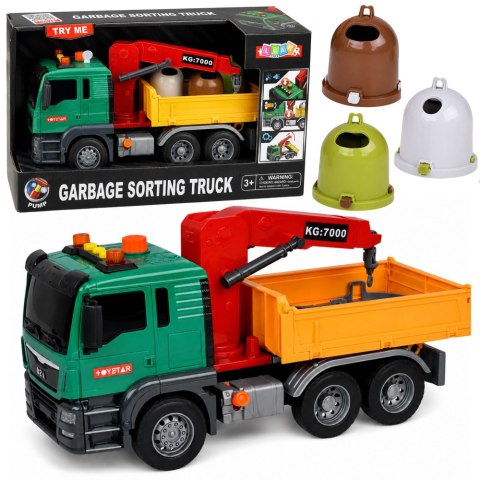 LEAN Toys Ciężarówka z Dźwigiem Kontenery Do Segregacji Śmieci Napęd Światła Dźwięk