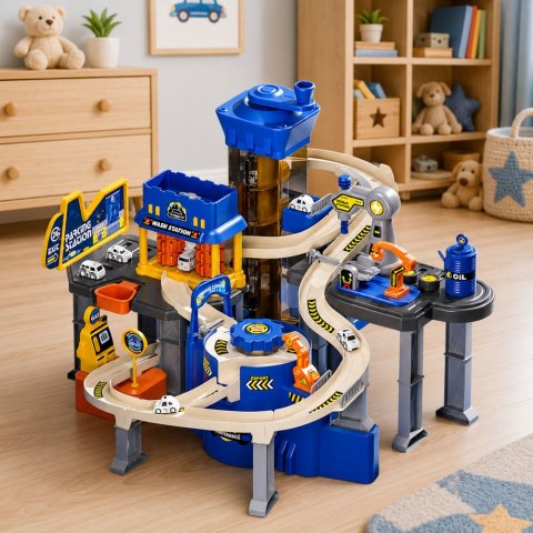 LEAN Toys Interaktywny Tor Parking Samochodowy Warsztat Myjnia 8 Autek Policja