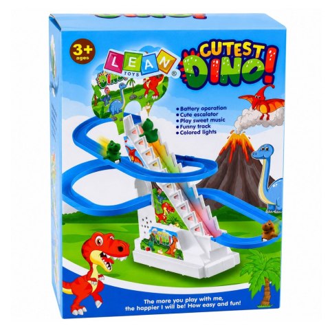 LEAN Toys Tor Zjeżdżalnia Dla Dinozaurów Ruchome Schodki Figurki Światła Dźwięki