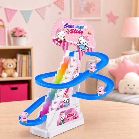 LEAN Toys Tor Zjeżdżalnia Dla Kotków Ruchome Schodki Figurki Światła Dźwięki