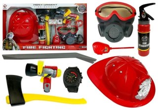 LEAN Toys Zestaw Strażacki Kask Gaśnica Toporek Maska Łom Akcesoria Czerwony