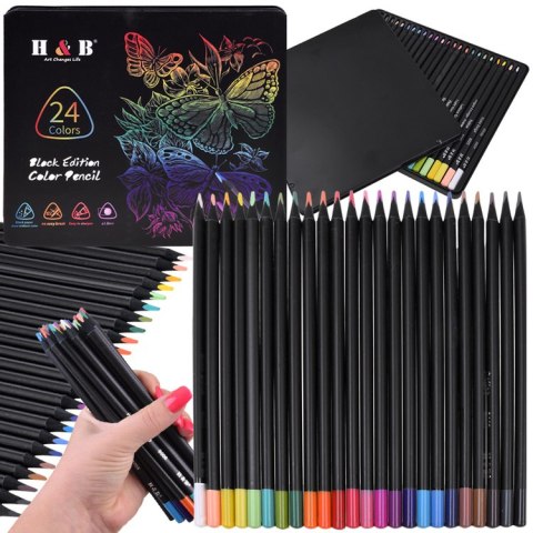 JOKOMISIADA Kredki Ołówkowe Black Edition 24 Kolory 3,3 mm + Metalowe etui AP0124