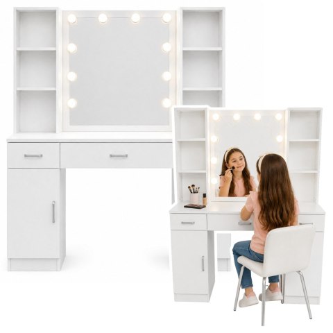 LEAN Duża Toaletka Kosmetyczna z Lustrem LED Szafki Szuflady Biała 141x114x39 cm