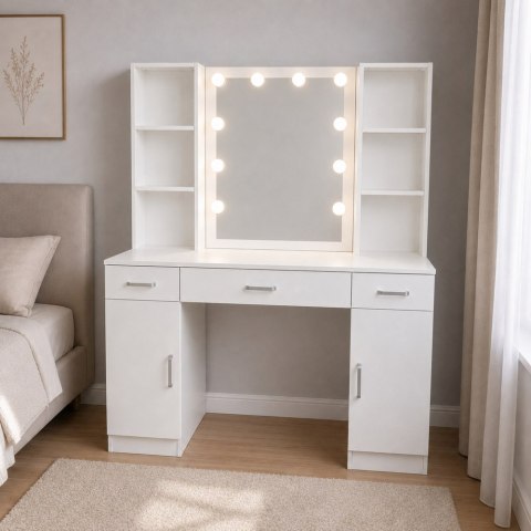 LEAN Duża Toaletka Kosmetyczna z Lustrem LED Szafki Szuflady Biała 141x114x39 cm