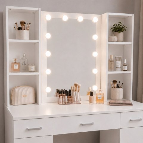 LEAN Duża Toaletka Kosmetyczna z Lustrem LED Szafki Szuflady Biała 141x114x39 cm