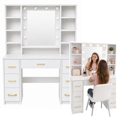 LEAN Duża Toaletka Lustro Ze Światłem LED Półki 7 Szuflad Biała 140x100x40 cm