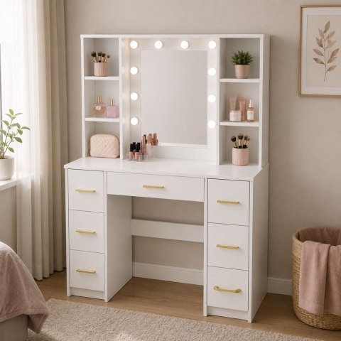 LEAN Duża Toaletka Lustro Ze Światłem LED Półki 7 Szuflad Biała 140x100x40 cm