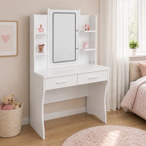 LEAN Toaletka Kosmetyczna Z Lustrem LED Półki Szuflady Biała 140x80x40 cm