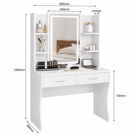 LEAN Toaletka Kosmetyczna Z Lustrem LED Półki Szuflady Biała 140x80x40 cm