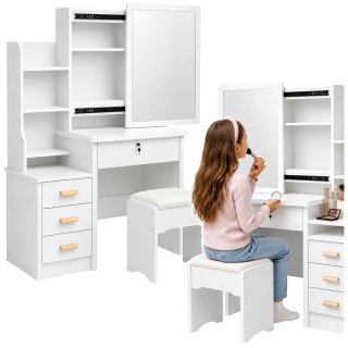 LEAN Toaletka Kosmetyczna z Lustrem Szuflady Półki Taboret Biała 130x80x36 cm