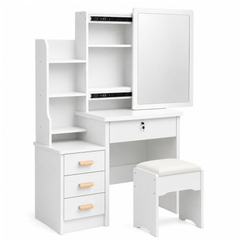 LEAN Toaletka Kosmetyczna z Lustrem Szuflady Półki Taboret Biała 130x80x36 cm