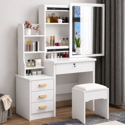 LEAN Toaletka Kosmetyczna z Lustrem Szuflady Półki Taboret Biała 130x80x36 cm