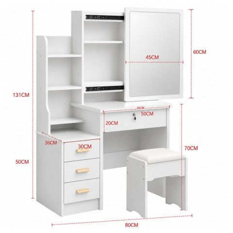 LEAN Toaletka Kosmetyczna z Lustrem Szuflady Półki Taboret Biała 130x80x36 cm