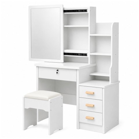 LEAN Toaletka Kosmetyczna z Lustrem Szuflady Półki Taboret Biała 130x80x36 cm