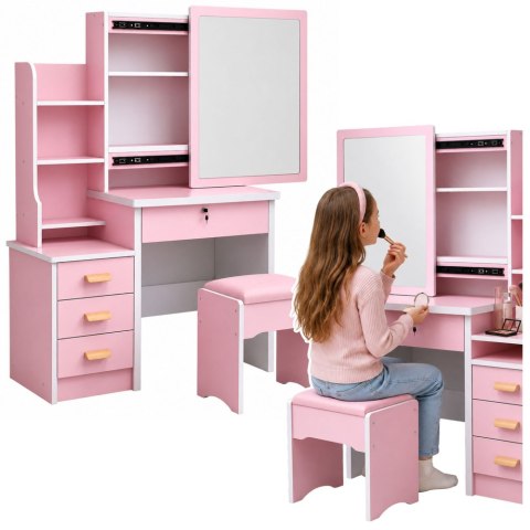 LEAN Toaletka Kosmetyczna z Lustrem Szuflady Półki Taboret Różowa 130x80x36 cm