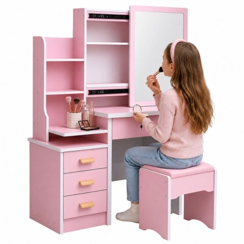 LEAN Toaletka Kosmetyczna z Lustrem Szuflady Półki Taboret Różowa 130x80x36 cm
