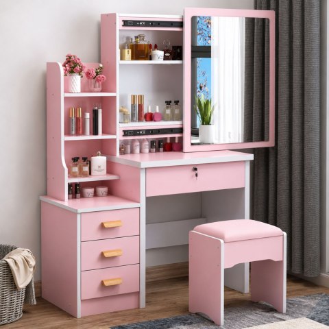 LEAN Toaletka Kosmetyczna z Lustrem Szuflady Półki Taboret Różowa 130x80x36 cm