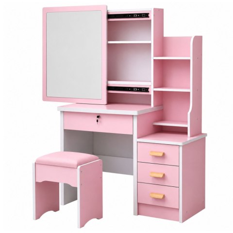 LEAN Toaletka Kosmetyczna z Lustrem Szuflady Półki Taboret Różowa 130x80x36 cm