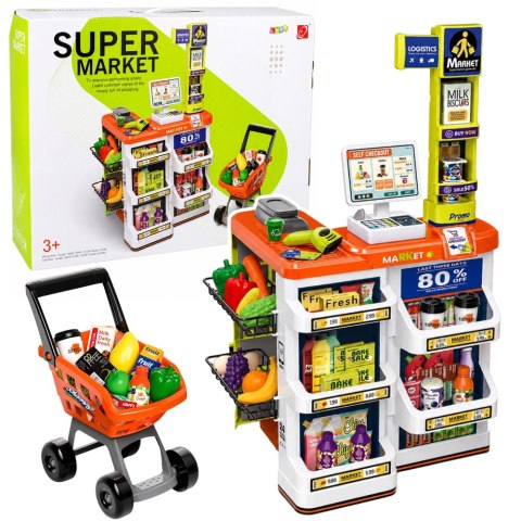 LEAN Toys Duży Supermarket Kasa Sklepowa Wózek Skaner Akcesoria Światła Dźwięki 60el.