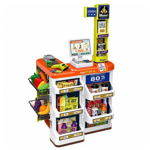 LEAN Toys Duży Supermarket Kasa Sklepowa Wózek Skaner Akcesoria Światła Dźwięki 60el.