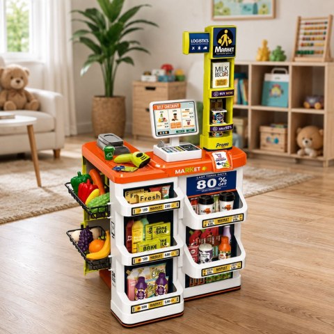 LEAN Toys Duży Supermarket Kasa Sklepowa Wózek Skaner Akcesoria Światła Dźwięki 60el.