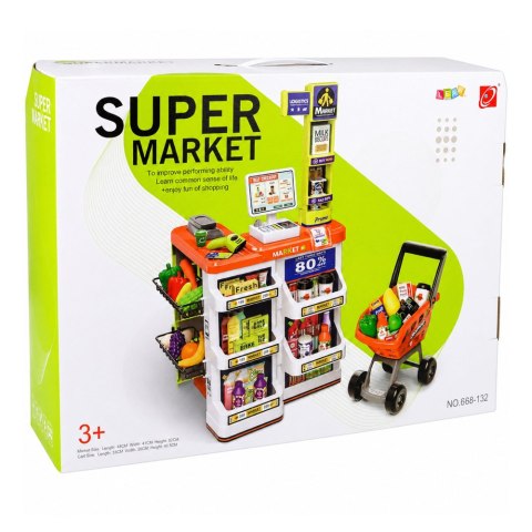 LEAN Toys Duży Supermarket Kasa Sklepowa Wózek Skaner Akcesoria Światła Dźwięki 60el.