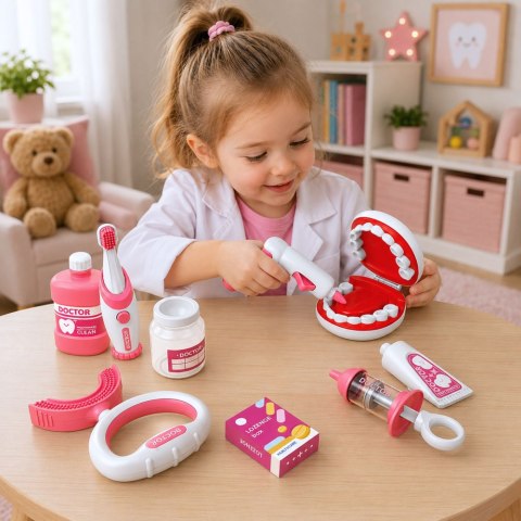 LEAN Toys Zestaw Małego Dentysty Stomatologa Szczoteczka z Wibracjami Różowy 15 el.