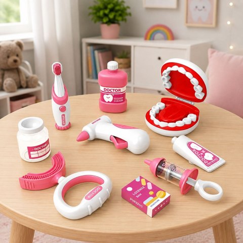 LEAN Toys Zestaw Małego Dentysty Stomatologa Szczoteczka z Wibracjami Różowy 15 el.