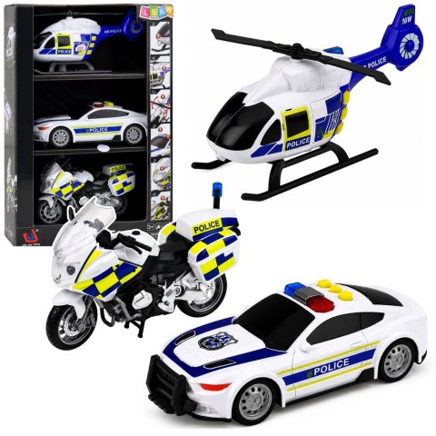 LEAN Toys Zestaw Policyjny Helikopter Motocykl Radiowóz Światła Dźwięki 1:32