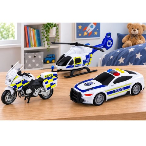 LEAN Toys Zestaw Policyjny Helikopter Motocykl Radiowóz Światła Dźwięki 1:32