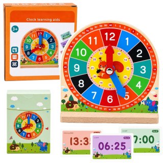 LEAN Toys Drewniany Zegar Edukacyjny Do Nauki Godzin Ruchome Wskazówki Karty 55 szt.