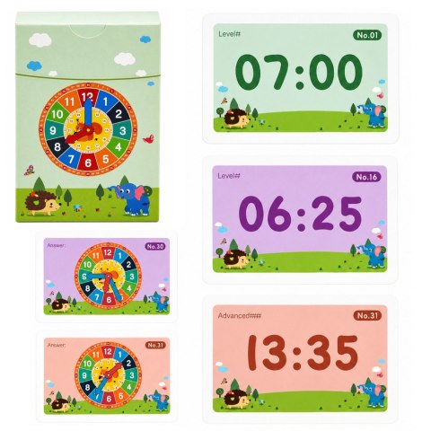 LEAN Toys Drewniany Zegar Edukacyjny Do Nauki Godzin Ruchome Wskazówki Karty 55 szt.