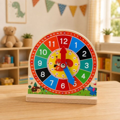 LEAN Toys Drewniany Zegar Edukacyjny Do Nauki Godzin Ruchome Wskazówki Karty 55 szt.