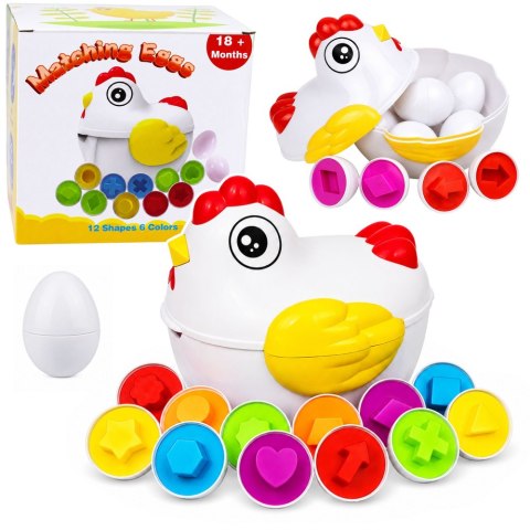 LEAN Toys Kura Edukacyjna 12 Jajek Sorter Nauka Kształtów Kolorów Zestaw