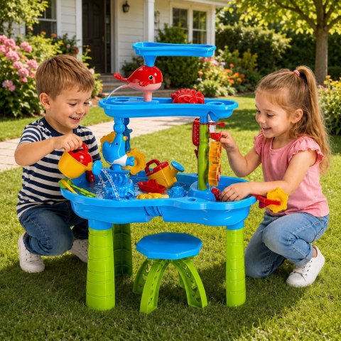 LEAN Toys Wielopoziomowy Stolik Wodny Plac Zabaw Z Krzesełkiem Akcesoria Foremki 63cm
