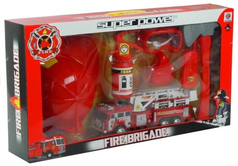 LEAN Toys Zestaw Strażaka Straż Pożarna Wóz + Kask + Gaśnica
