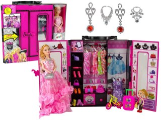 LEAN Toys Lalka z Garderobą Sukienki Dodatki Dla Lalek Szafa Na Ubranka Walizka