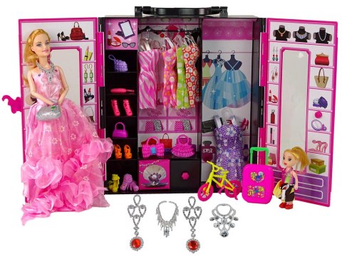 LEAN Toys Lalka z Garderobą Sukienki Dodatki Dla Lalek Szafa Na Ubranka Walizka