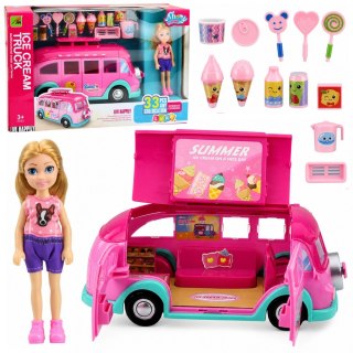 LEAN Toys Lodziarnia Food Truck Lalka Autko Bus Rozkładany Akcesoria Różowy 33 el.