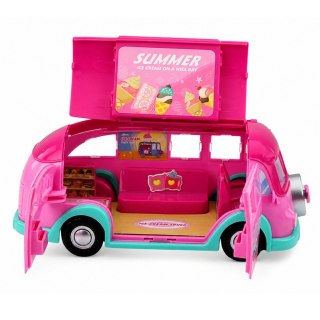 LEAN Toys Lodziarnia Food Truck Lalka Autko Bus Rozkładany Akcesoria Różowy 33 el.