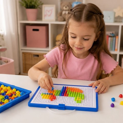LEAN Toys Zestaw Kreatywny Mozaika Guzikowa Układanka Grzybki Pinezki Walizka 300 el.