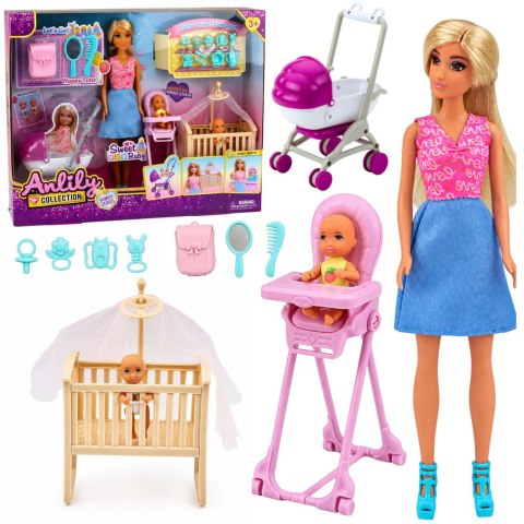 LEAN Toys Zestaw Lalka Anlily Mama z Dziećmi Niemowlęta Bliźniaki Akcesoria