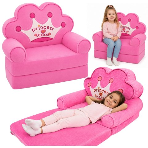 Marka niezdefiniowana Rozkładany Fotel Sofa Leżanka z Koroną 2W1 Dla Dzieci Miękki Różowy
