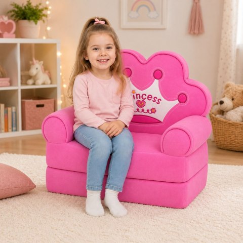 Marka niezdefiniowana Rozkładany Fotel Sofa Leżanka z Koroną 2W1 Dla Dzieci Miękki Różowy