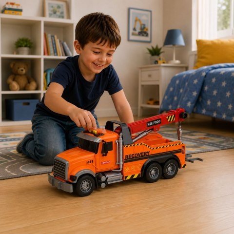 LEAN Toys Ciężarówka Z Dźwigiem Pomoc Drogowa Hak Światła Dźwięki Pomarańczowa 1:18